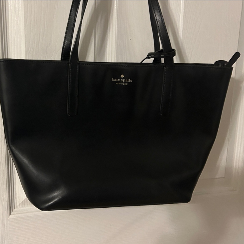 kate spade Black Leather Shoulder Tote with Gold Logo